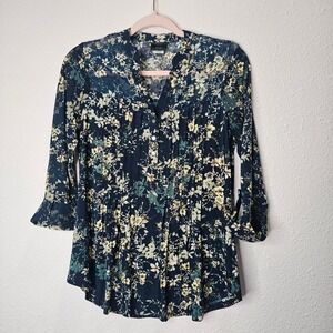 jtb Floral Print Pleated Tunic Blouse Women's Navy Blue Semi Sheer Shoulder Sz S